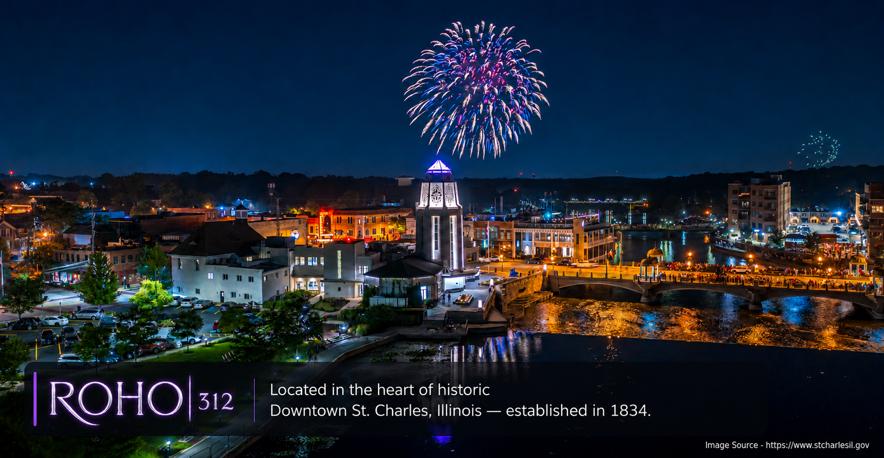 Fireworks over the Fox River in historic downtown St. Charles