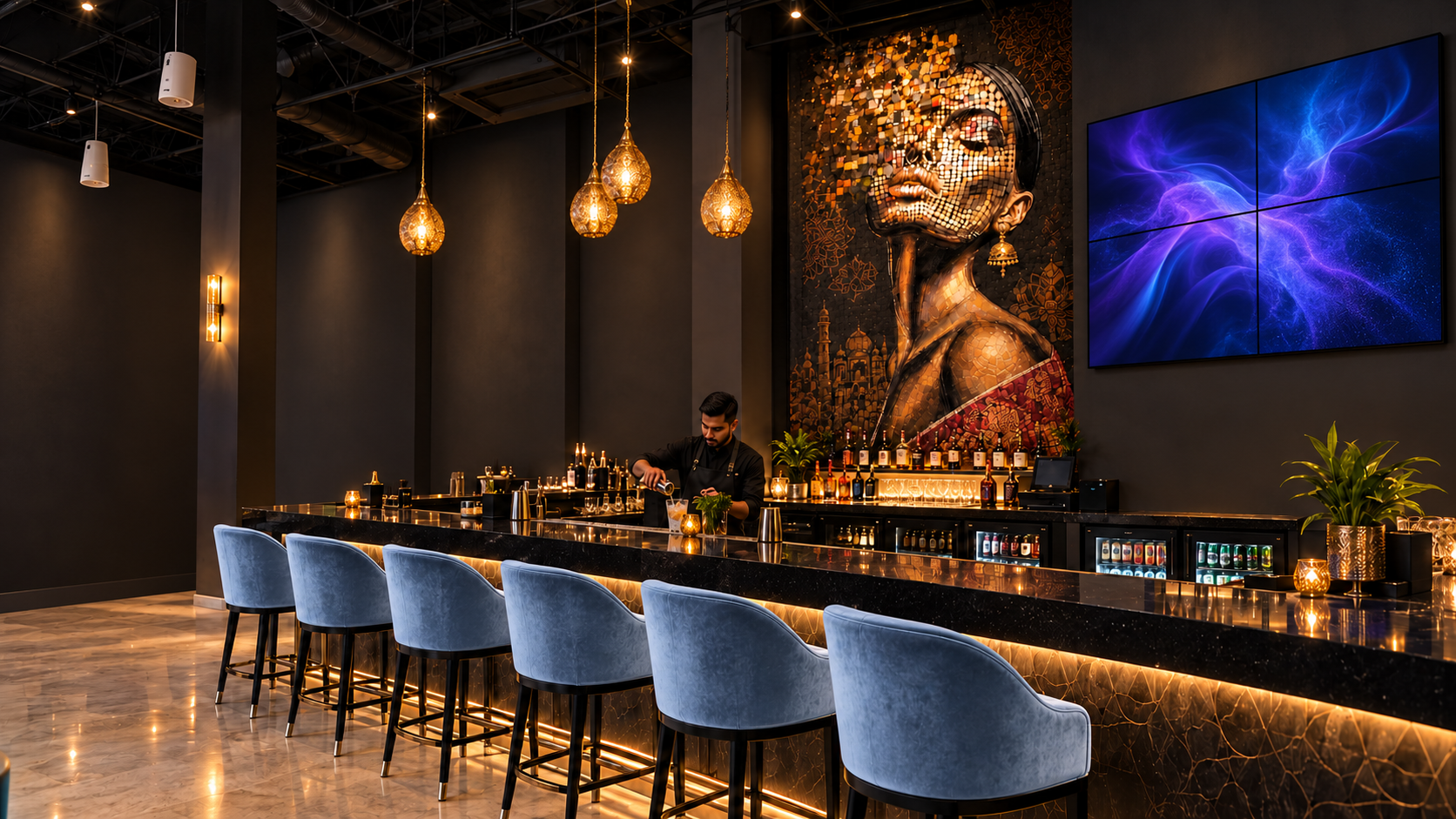 Bartender at the bar beneath the golden mosaic mural at ROHO 312