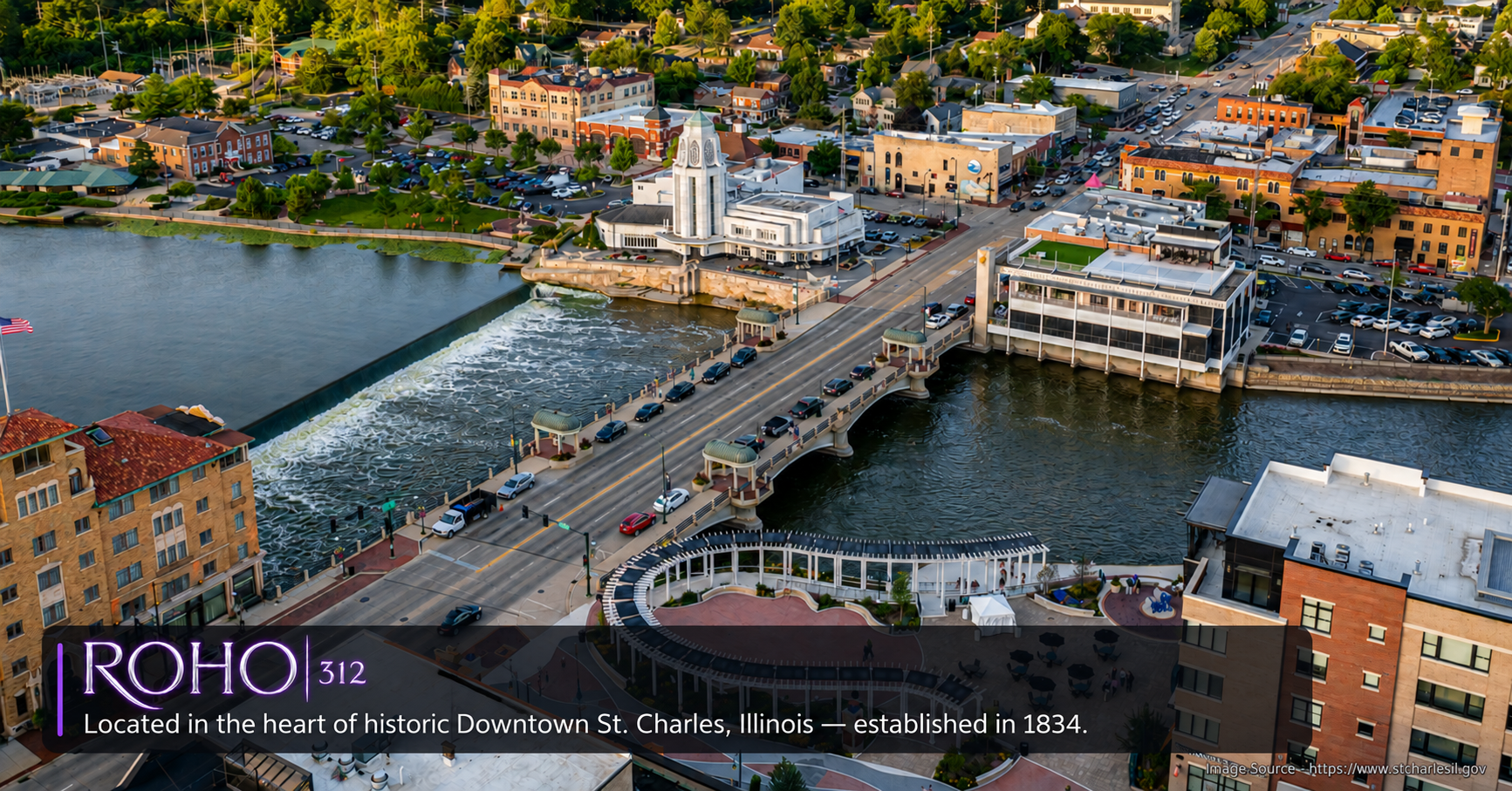 Aerial view of historic downtown St. Charles and the Fox River