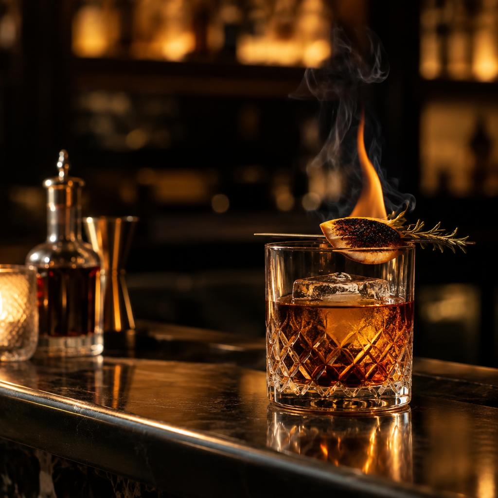 Smoked craft cocktail with flame garnish